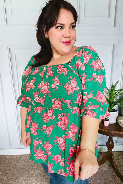 Sumptuous In Smocked Green & Coral Flower Print Babydoll Top - Bitsy Gypsy Boutique