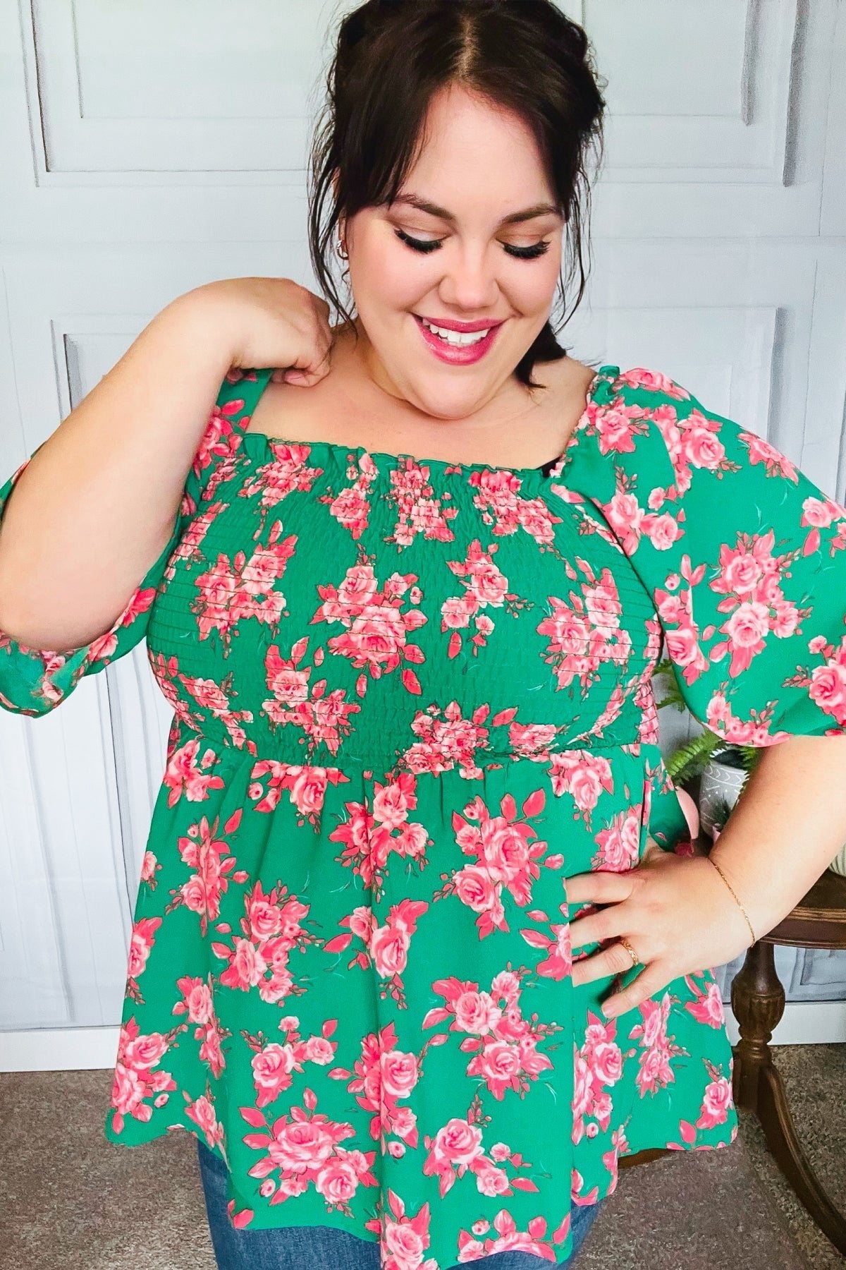 Sumptuous In Smocked Green & Coral Flower Print Babydoll Top - Bitsy Gypsy Boutique
