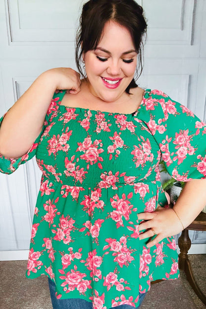 Sumptuous In Smocked Green & Coral Flower Print Babydoll Top - Bitsy Gypsy Boutique