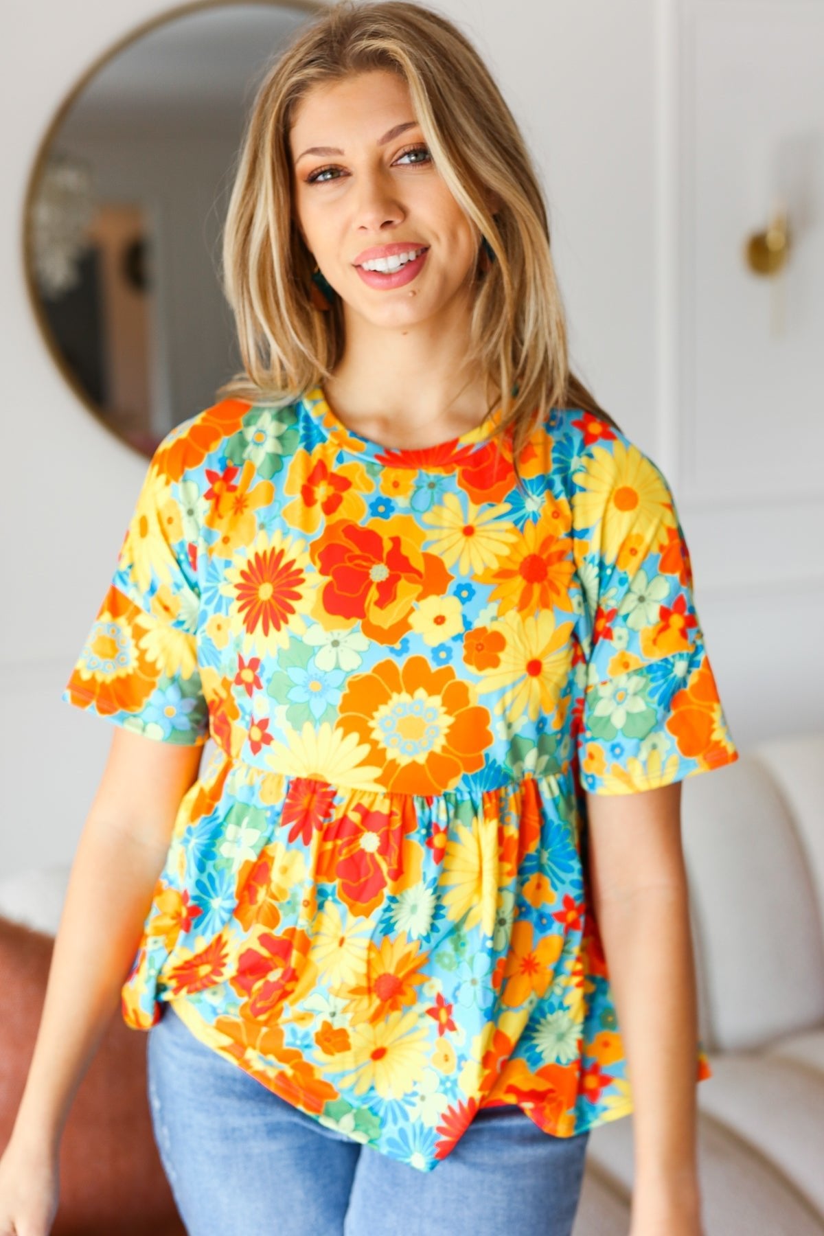 Sunflower& Red Retro Floral Swing Babydoll Top - Bitsy Gypsy Boutique