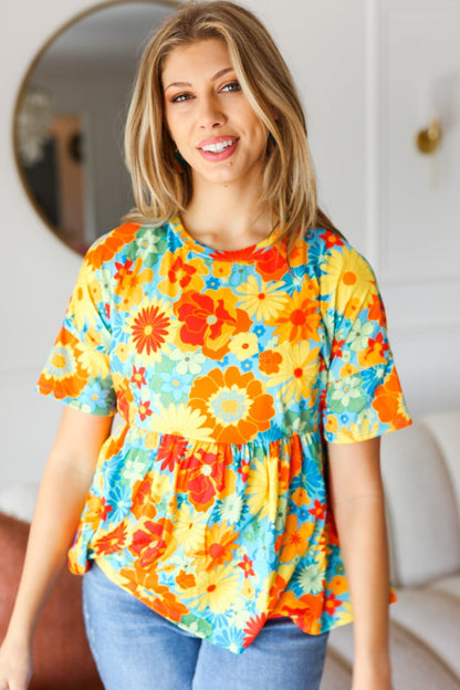 Sunflower& Red Retro Floral Swing Babydoll Top - Bitsy Gypsy Boutique