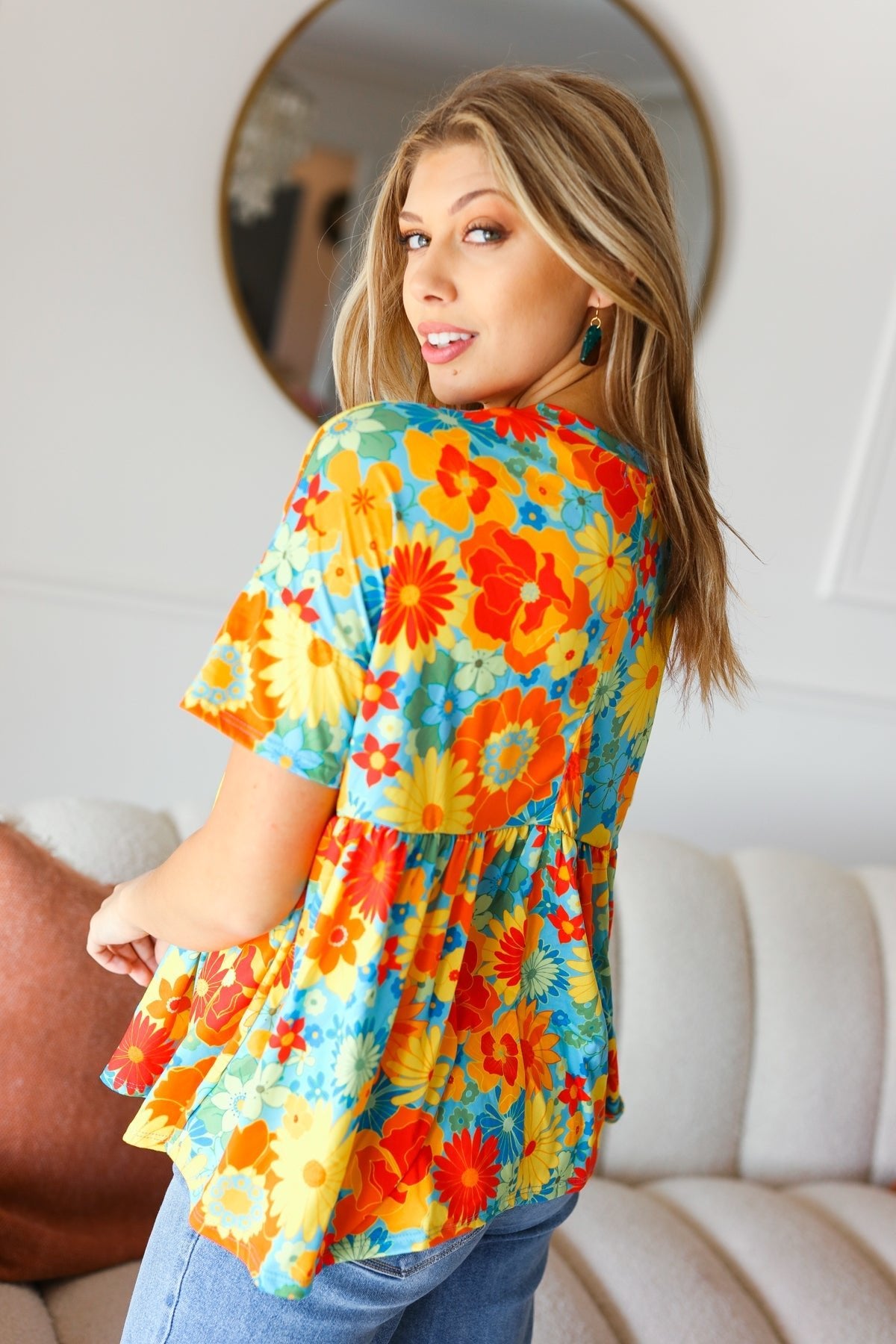 Sunflower& Red Retro Floral Swing Babydoll Top - Bitsy Gypsy Boutique