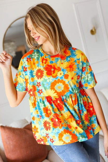 Sunflower& Red Retro Floral Swing Babydoll Top - Bitsy Gypsy Boutique