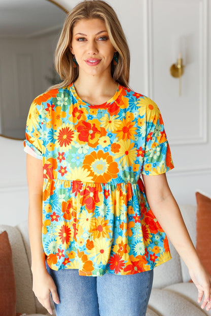 Sunflower& Red Retro Floral Swing Babydoll Top - Bitsy Gypsy Boutique