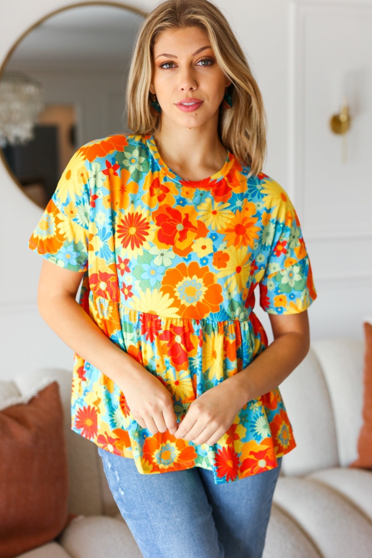 Sunflower& Red Retro Floral Swing Babydoll Top - Bitsy Gypsy Boutique