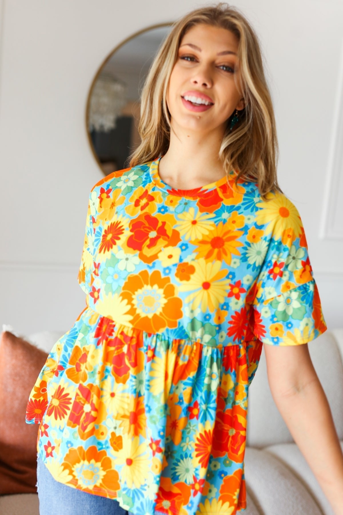 Sunflower& Red Retro Floral Swing Babydoll Top - Bitsy Gypsy Boutique