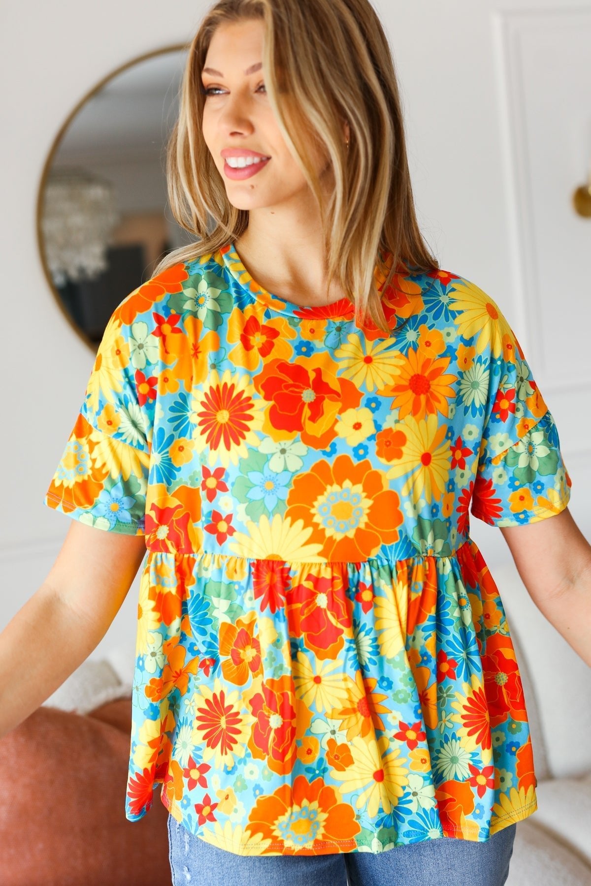 Sunflower& Red Retro Floral Swing Babydoll Top - Bitsy Gypsy Boutique