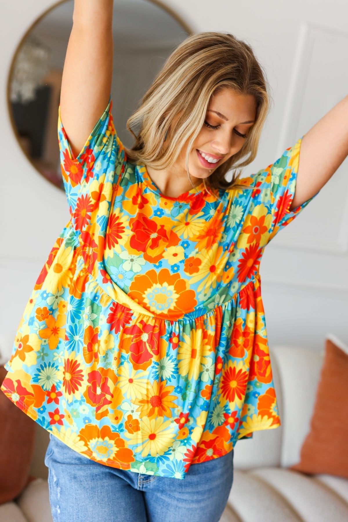 Sunflower& Red Retro Floral Swing Babydoll Top - Bitsy Gypsy Boutique