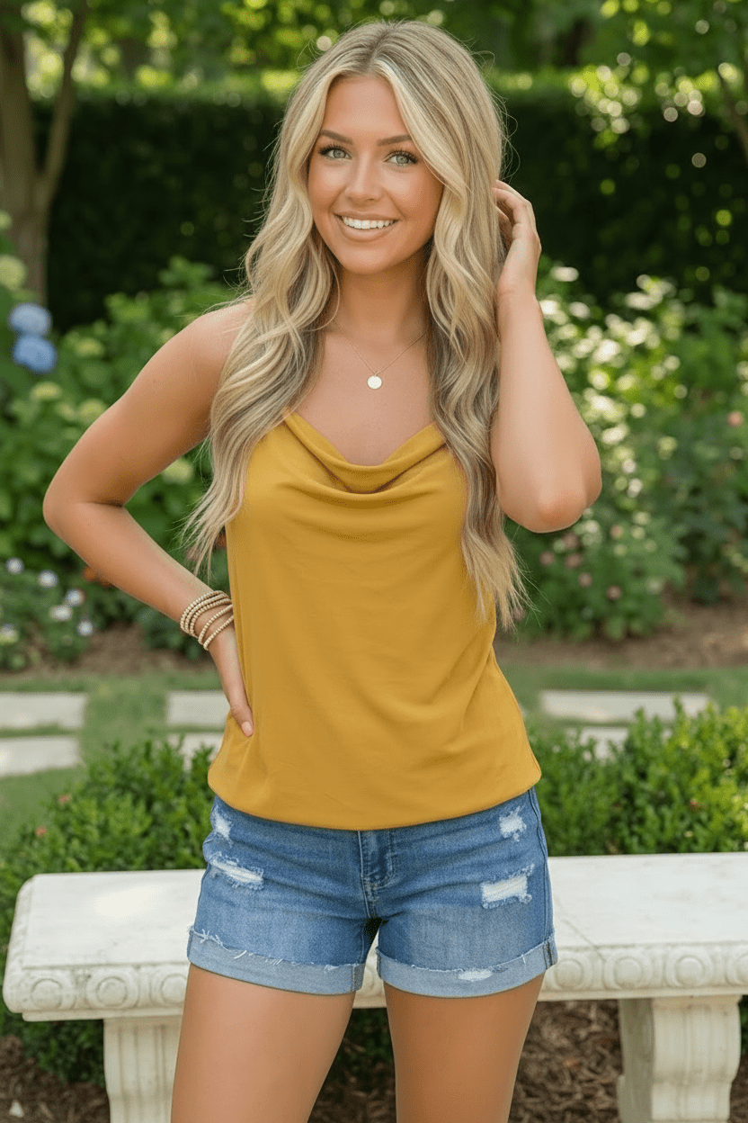 Sunkissed Satin Cowl Neck Cami in Mustard - Bitsy Gypsy Boutique