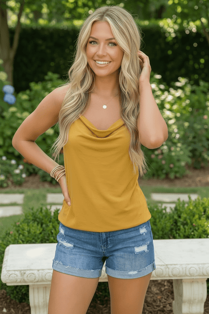 Sunkissed Satin Cowl Neck Cami in Mustard - Bitsy Gypsy Boutique
