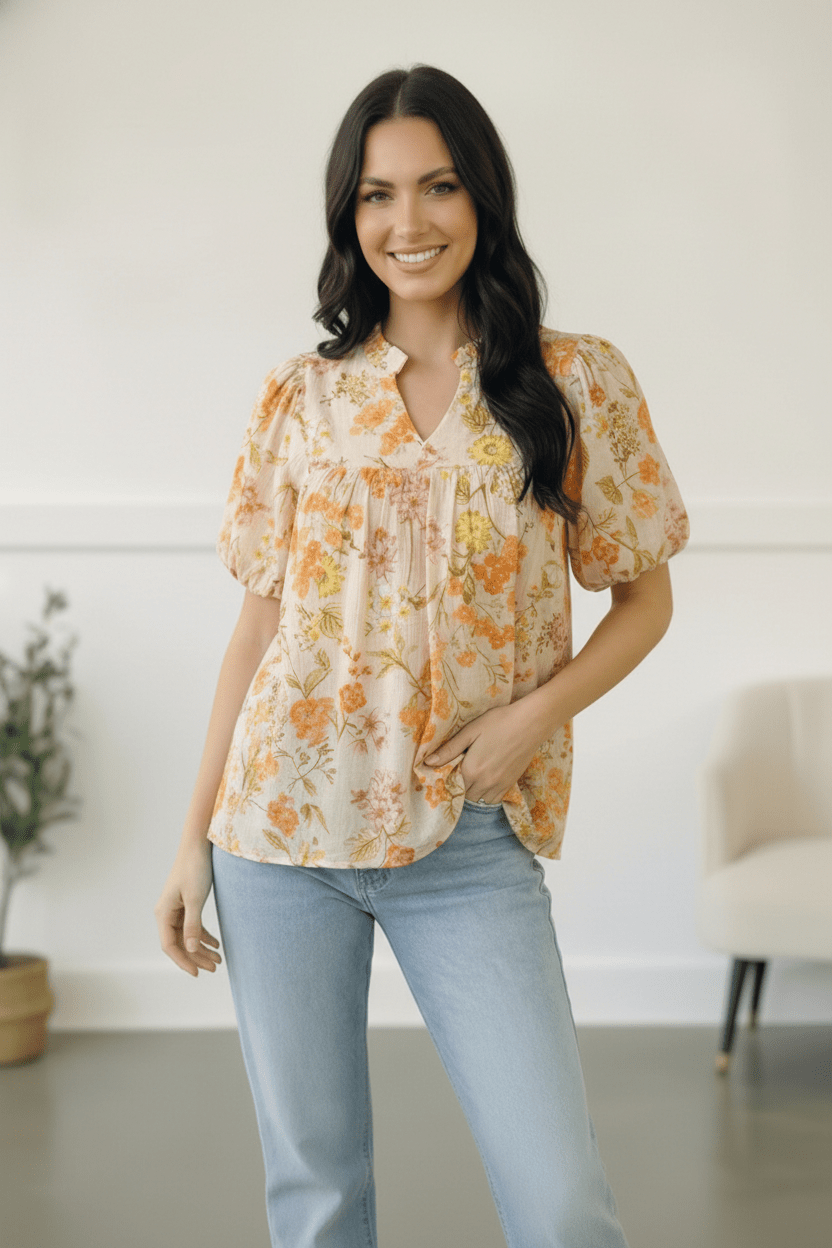 Sunlit Garden Notch Neck Blouse - Bitsy Gypsy Boutique