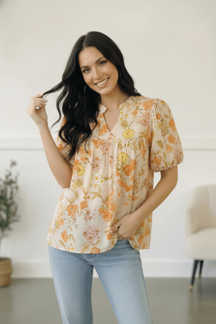 Sunlit Garden Notch Neck Blouse - Bitsy Gypsy Boutique