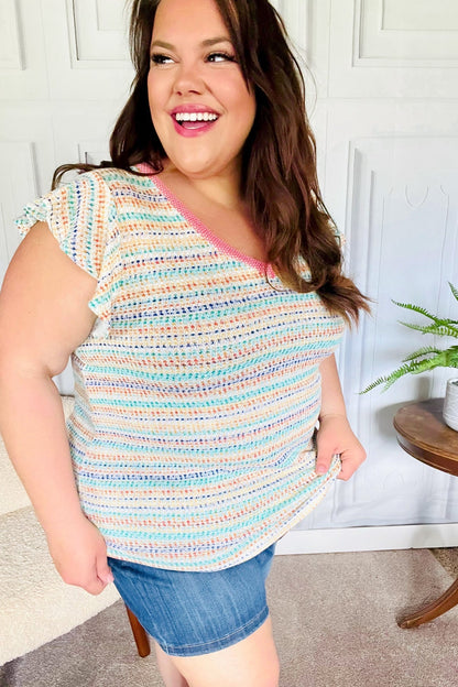 Sunny Days Coral Two Tone Striped Textured Knit V Neck Top - Bitsy Gypsy Boutique
