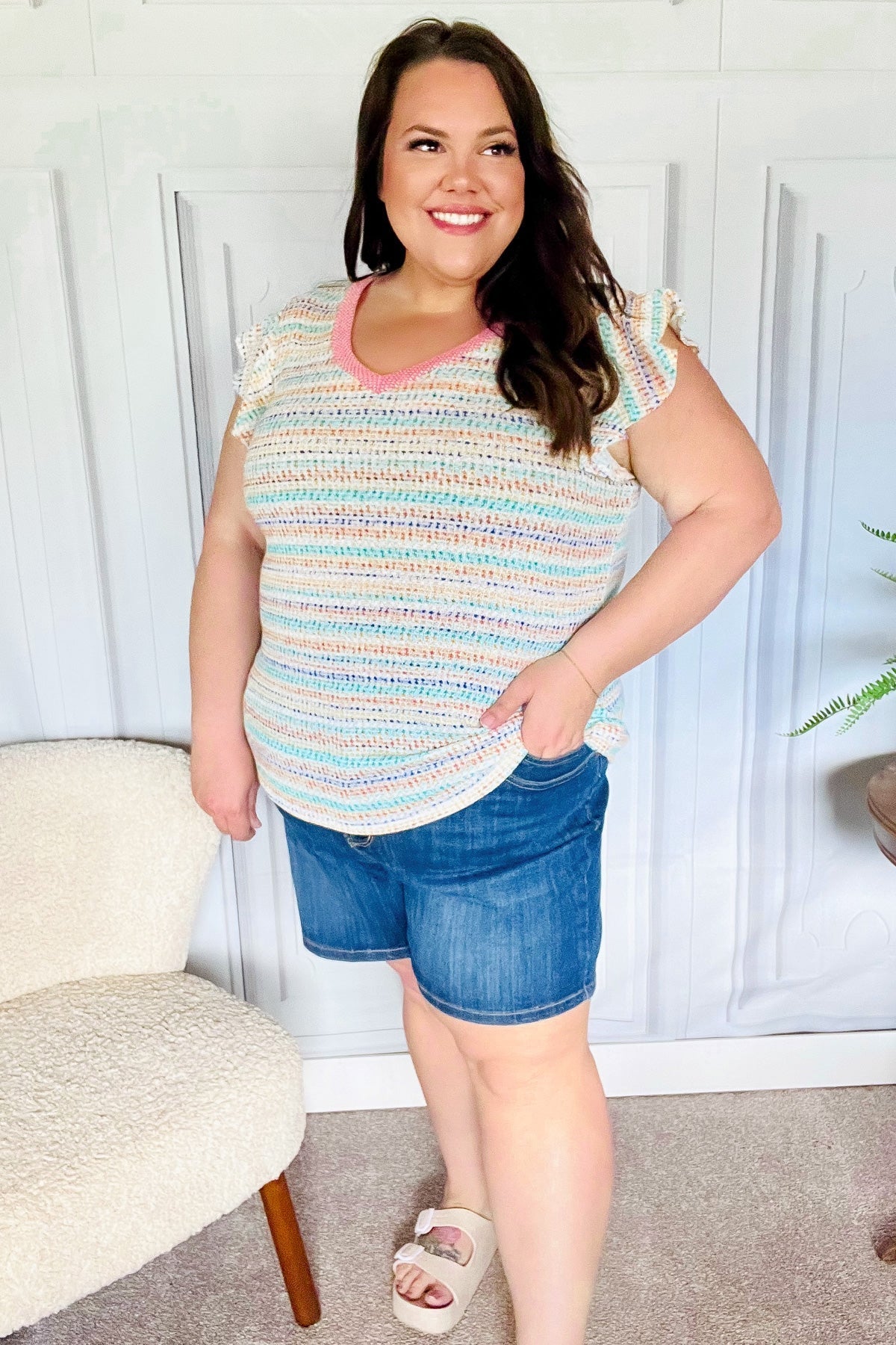 Sunny Days Coral Two Tone Striped Textured Knit V Neck Top - Bitsy Gypsy Boutique