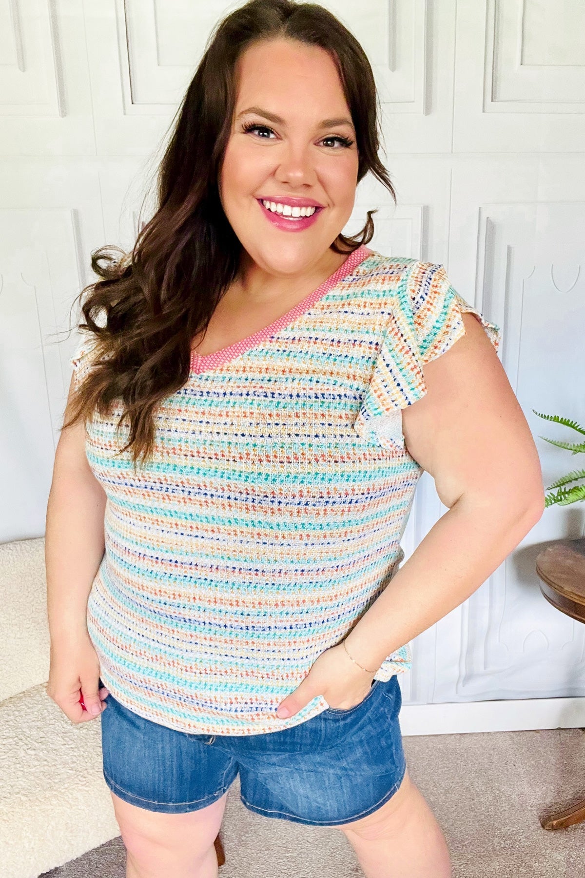 Sunny Days Coral Two Tone Striped Textured Knit V Neck Top - Bitsy Gypsy Boutique