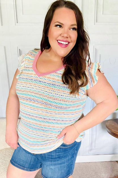 Sunny Days Coral Two Tone Striped Textured Knit V Neck Top - Bitsy Gypsy Boutique