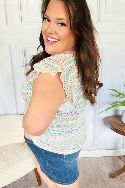 Sunny Days Coral Two Tone Striped Textured Knit V Neck Top - Bitsy Gypsy Boutique