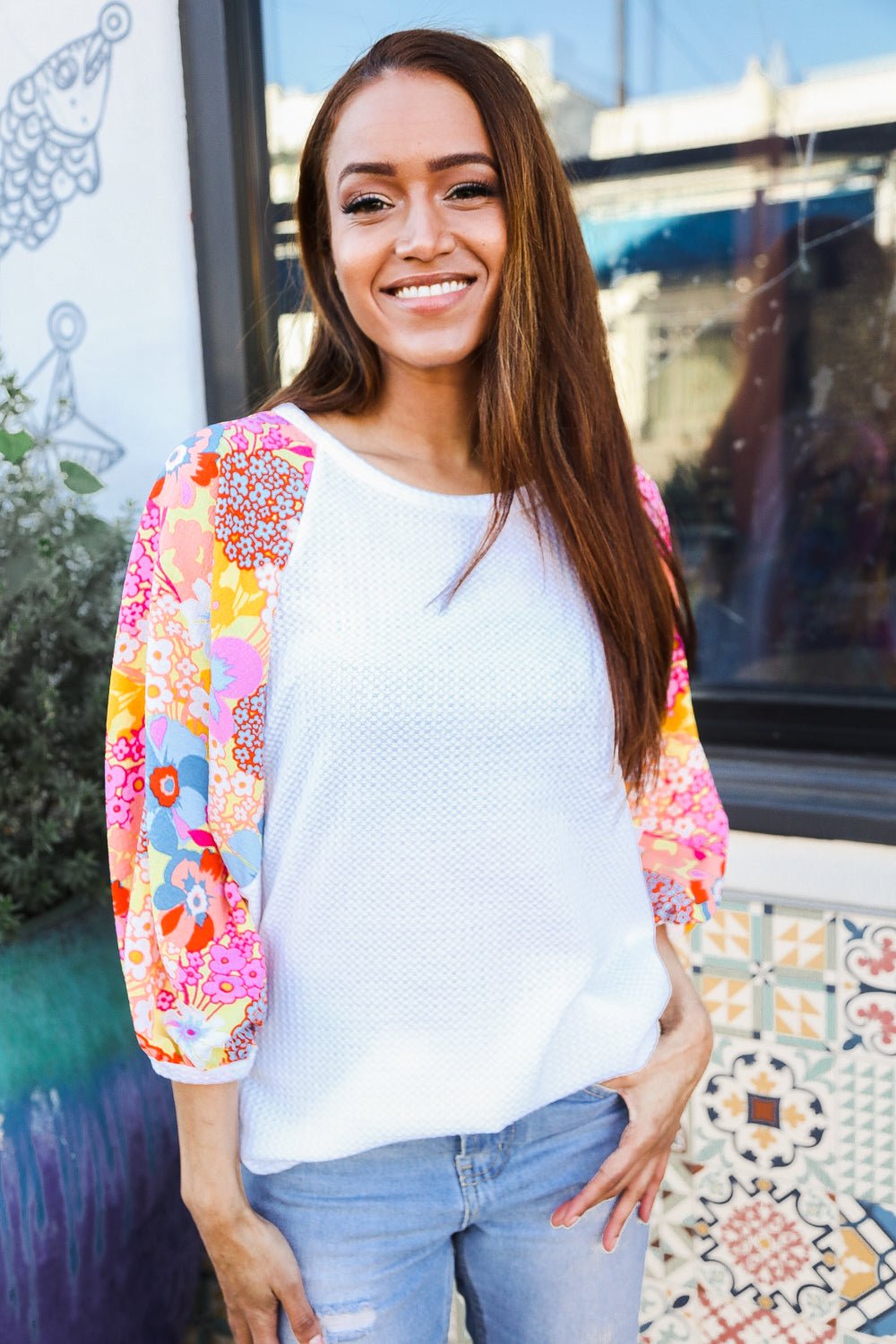 Sunny Days Ivory Textured Floral Bubble Sleeves Dolman Top - Bitsy Gypsy Boutique