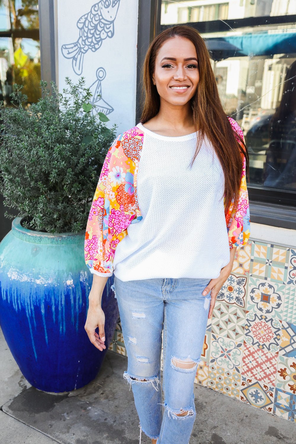 Sunny Days Ivory Textured Floral Bubble Sleeves Dolman Top - Bitsy Gypsy Boutique