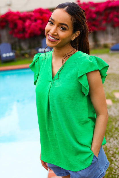 Sunny Days Kelly Green Banded V Neck Flutter Sleeve Top - Bitsy Gypsy Boutique