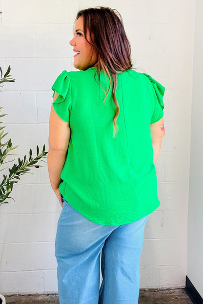 Sunny Days Kelly Green Banded V Neck Flutter Sleeve Top - Bitsy Gypsy Boutique