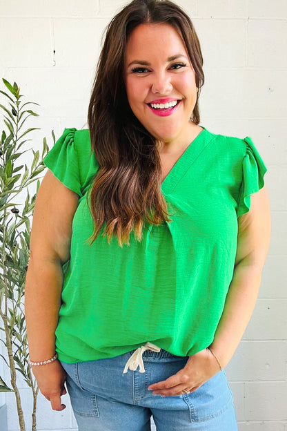 Sunny Days Kelly Green Banded V Neck Flutter Sleeve Top - Bitsy Gypsy Boutique