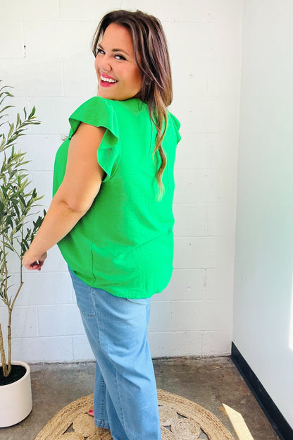 Sunny Days Kelly Green Banded V Neck Flutter Sleeve Top - Bitsy Gypsy Boutique