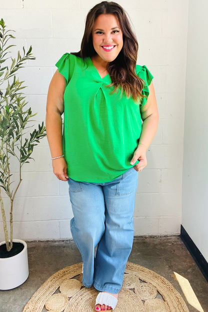 Sunny Days Kelly Green Banded V Neck Flutter Sleeve Top - Bitsy Gypsy Boutique