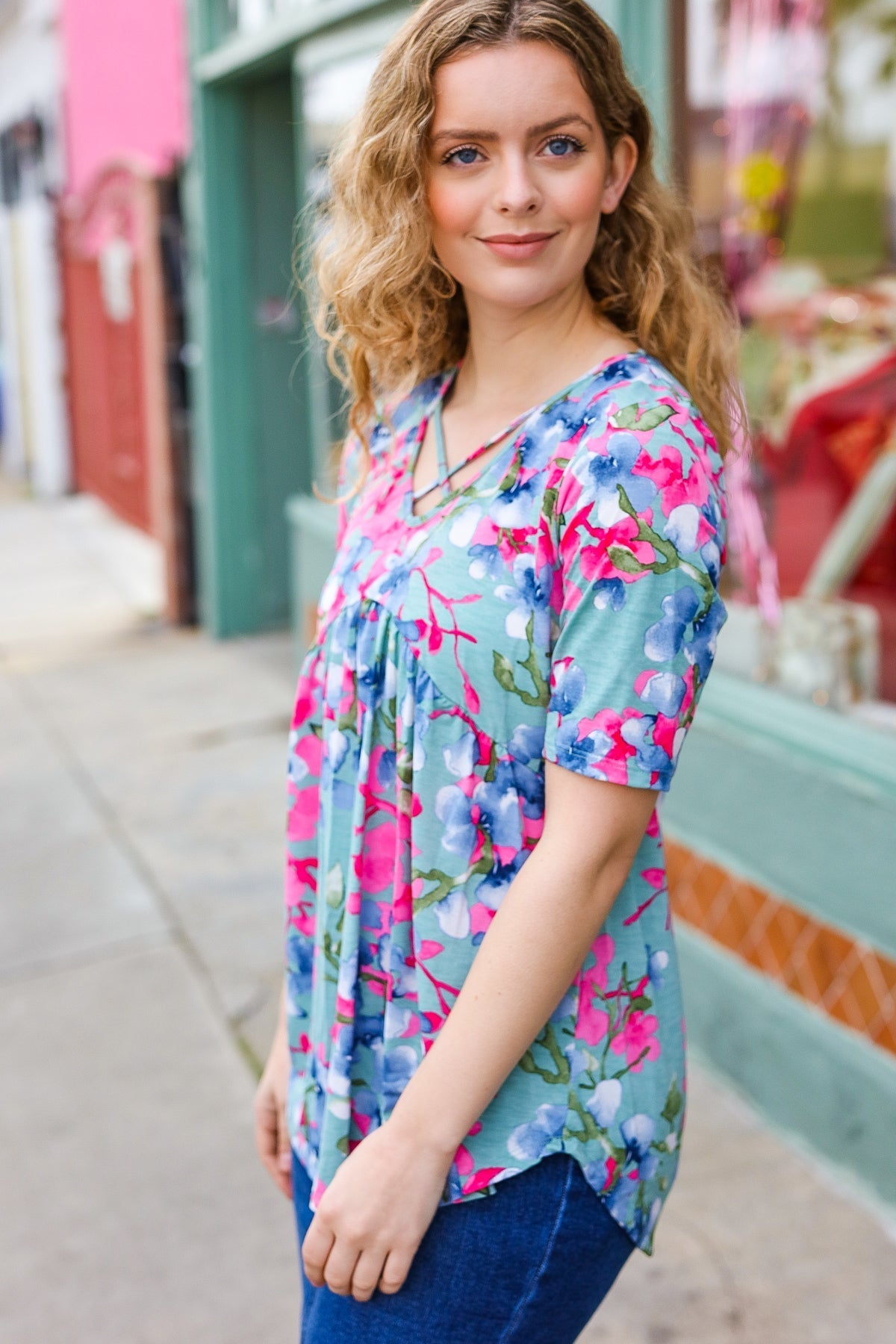 Sunny Days Light Teal Floral Criss Cross V Neck Babydoll Top - Bitsy Gypsy Boutique