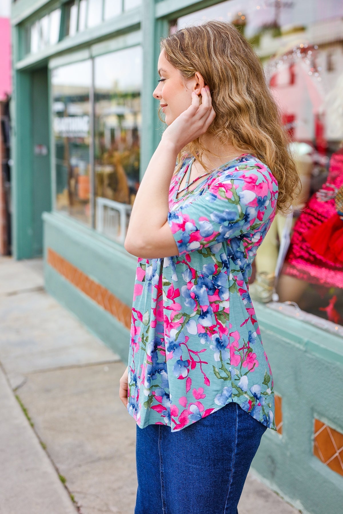 Sunny Days Light Teal Floral Criss Cross V Neck Babydoll Top - Bitsy Gypsy Boutique