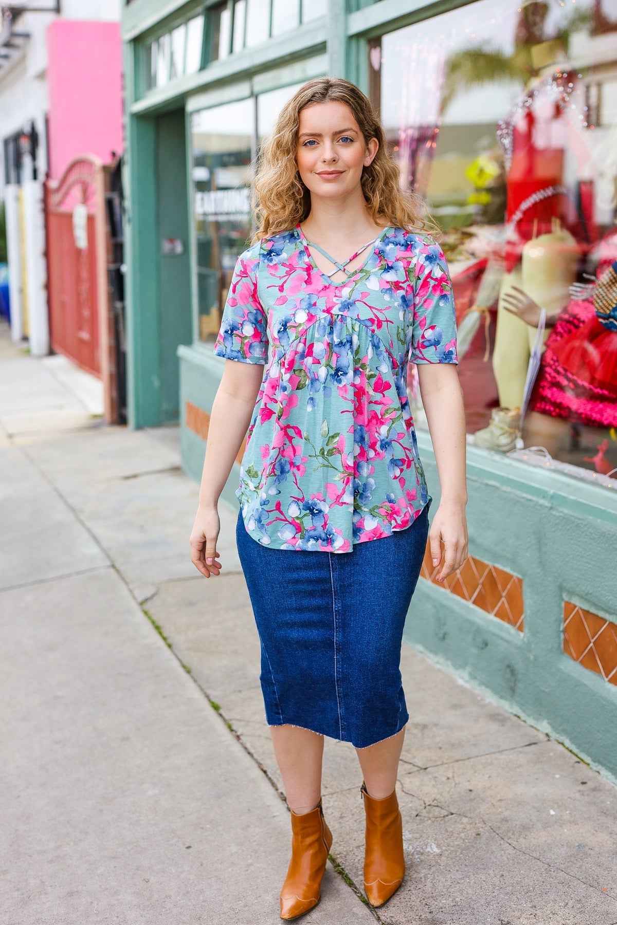 Sunny Days Light Teal Floral Criss Cross V Neck Babydoll Top - Bitsy Gypsy Boutique