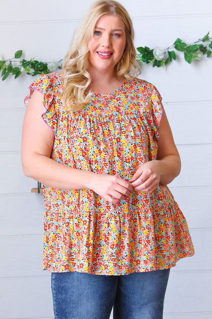 Sunset Floral Print Ruffle Tiered Keyhole Top - Bitsy Gypsy Boutique