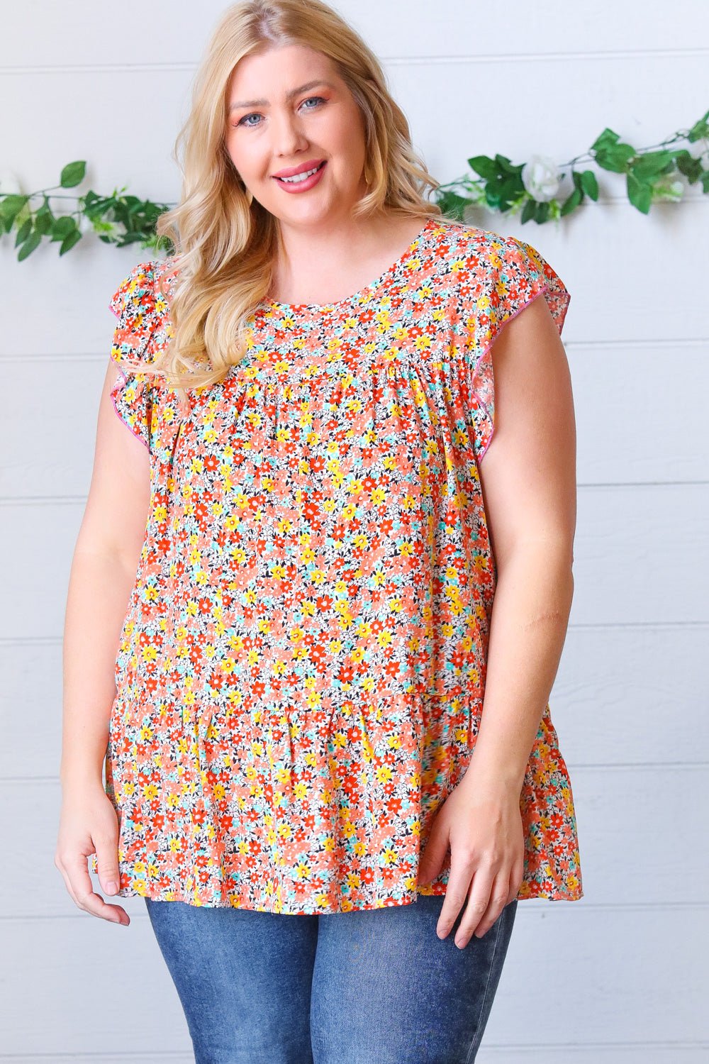 Sunset Floral Print Ruffle Tiered Keyhole Top - Bitsy Gypsy Boutique