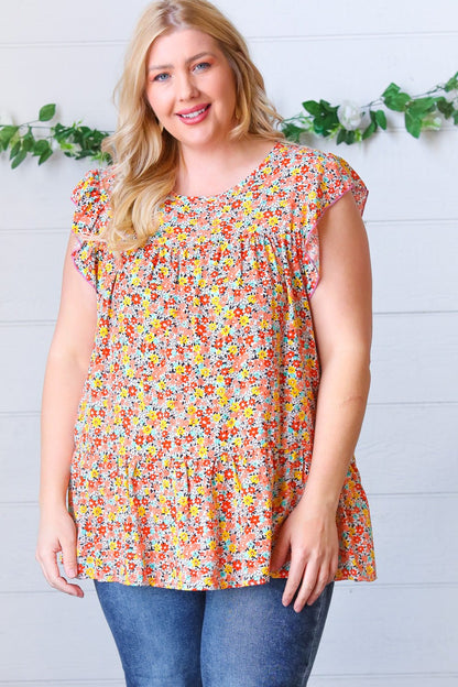 Sunset Floral Print Ruffle Tiered Keyhole Top - Bitsy Gypsy Boutique