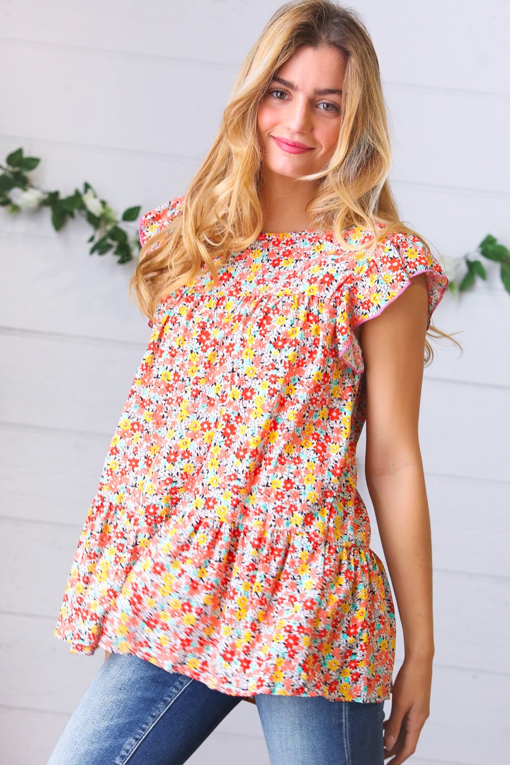 Sunset Floral Print Ruffle Tiered Keyhole Top - Bitsy Gypsy Boutique
