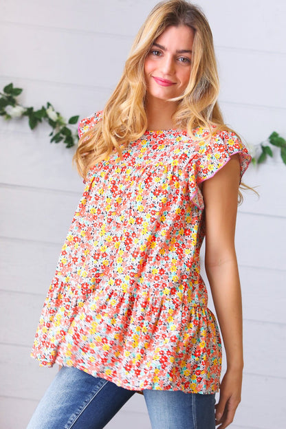 Sunset Floral Print Ruffle Tiered Keyhole Top - Bitsy Gypsy Boutique