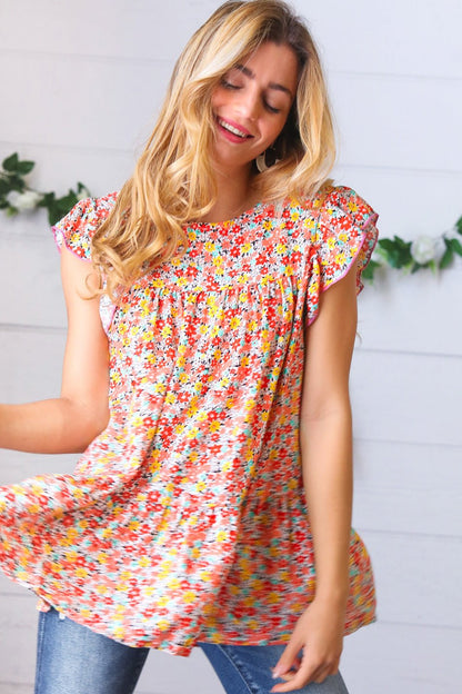 Sunset Floral Print Ruffle Tiered Keyhole Top - Bitsy Gypsy Boutique