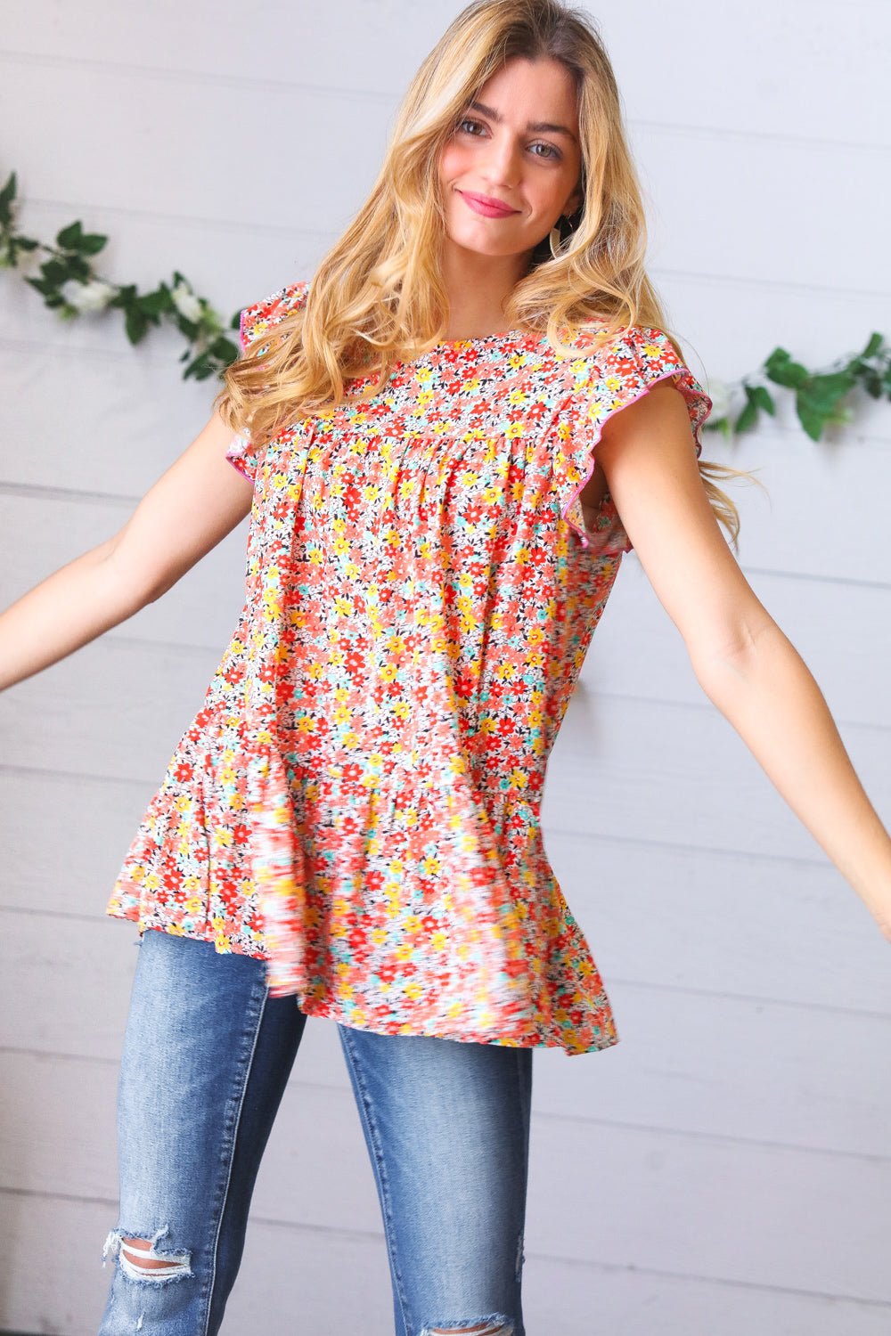 Sunset Floral Print Ruffle Tiered Keyhole Top - Bitsy Gypsy Boutique