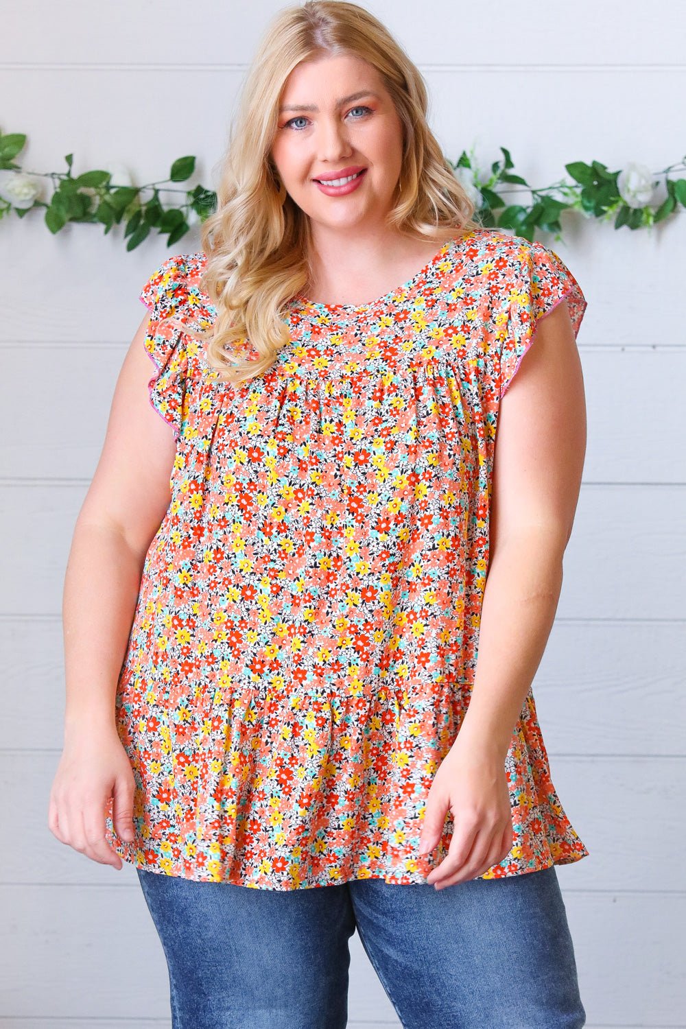 Sunset Floral Print Ruffle Tiered Keyhole Top - Bitsy Gypsy Boutique