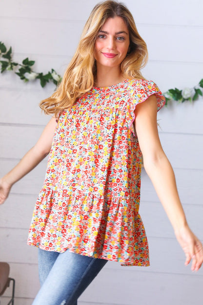 Sunset Floral Print Ruffle Tiered Keyhole Top - Bitsy Gypsy Boutique