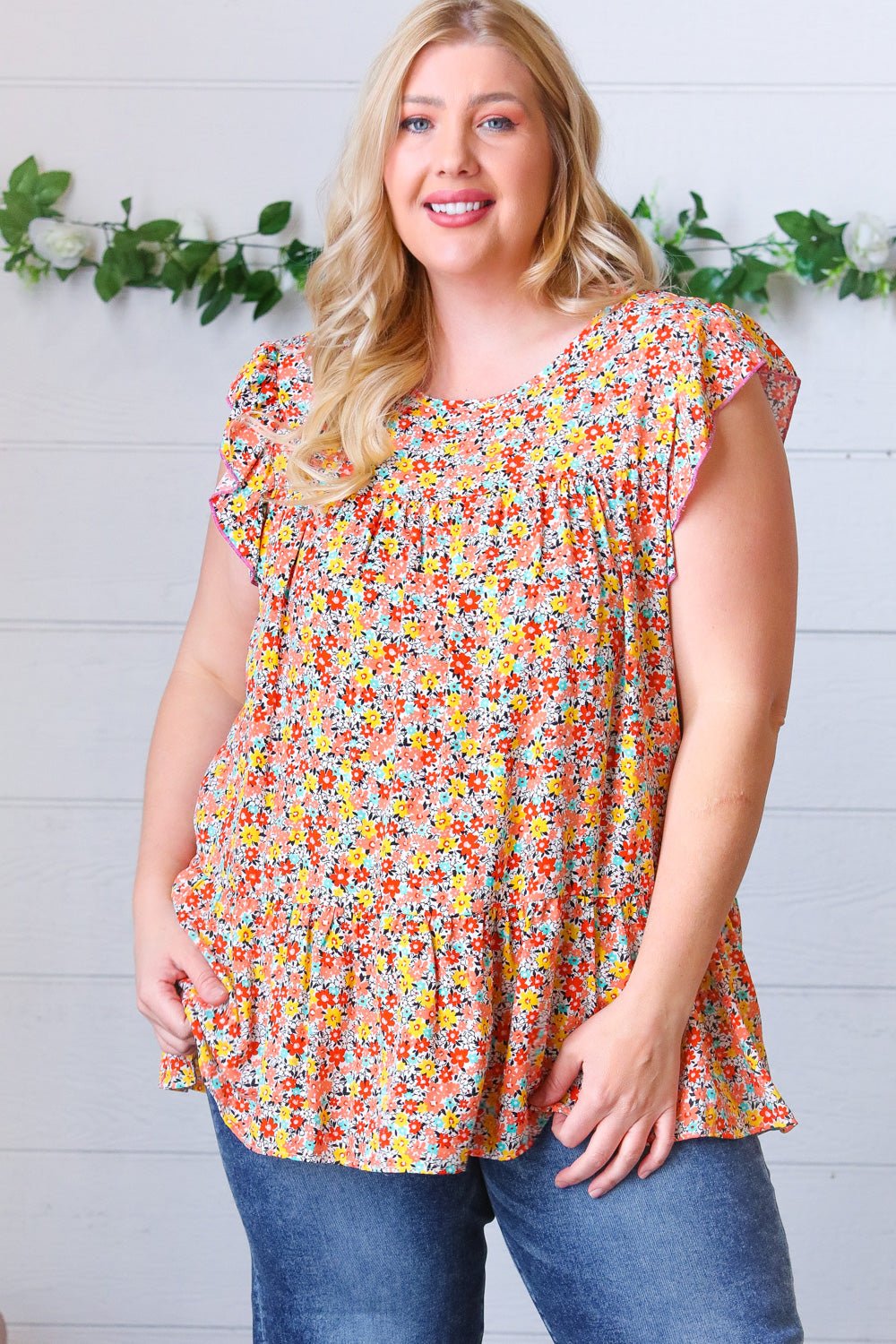 Sunset Floral Print Ruffle Tiered Keyhole Top - Bitsy Gypsy Boutique