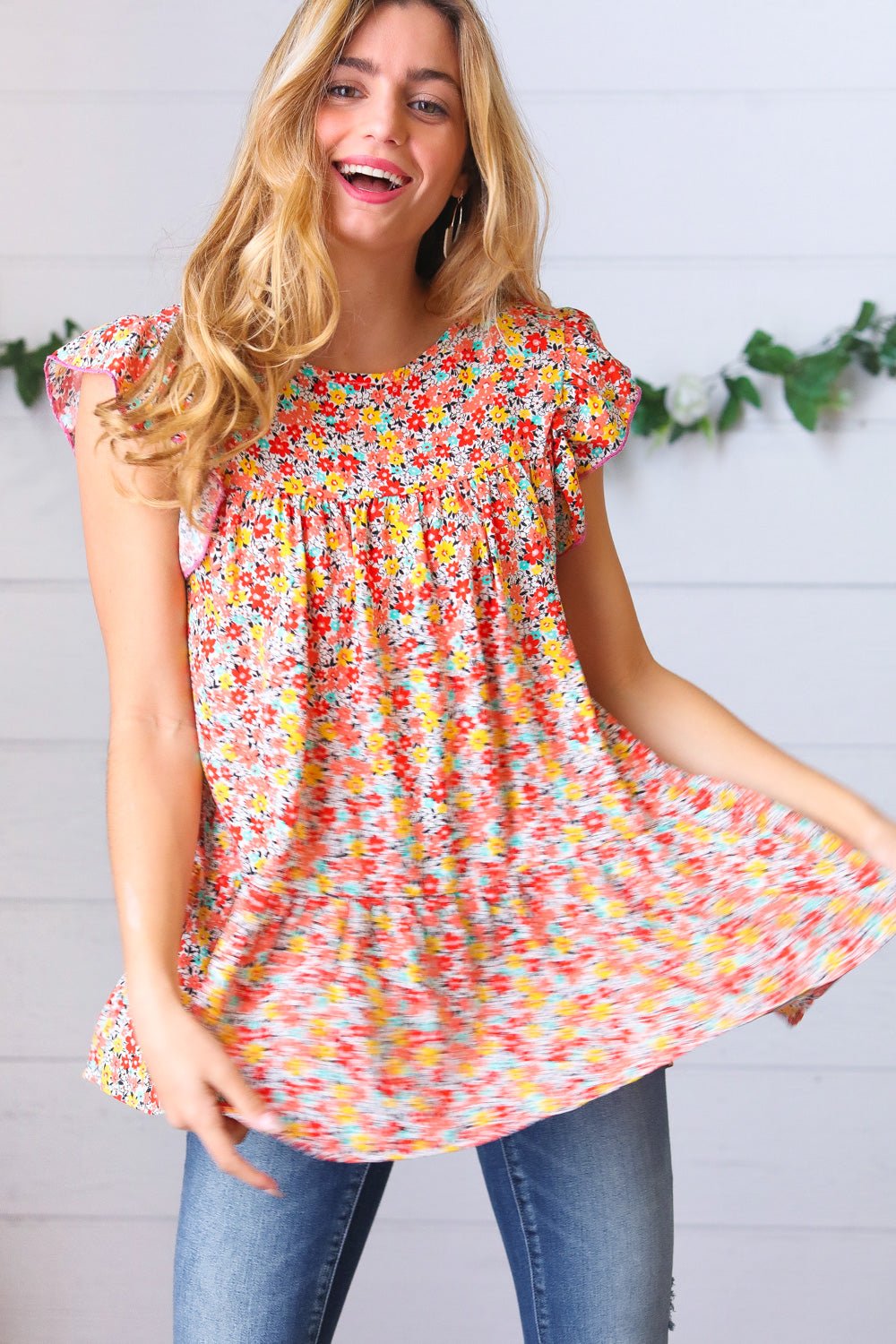 Sunset Floral Print Ruffle Tiered Keyhole Top - Bitsy Gypsy Boutique