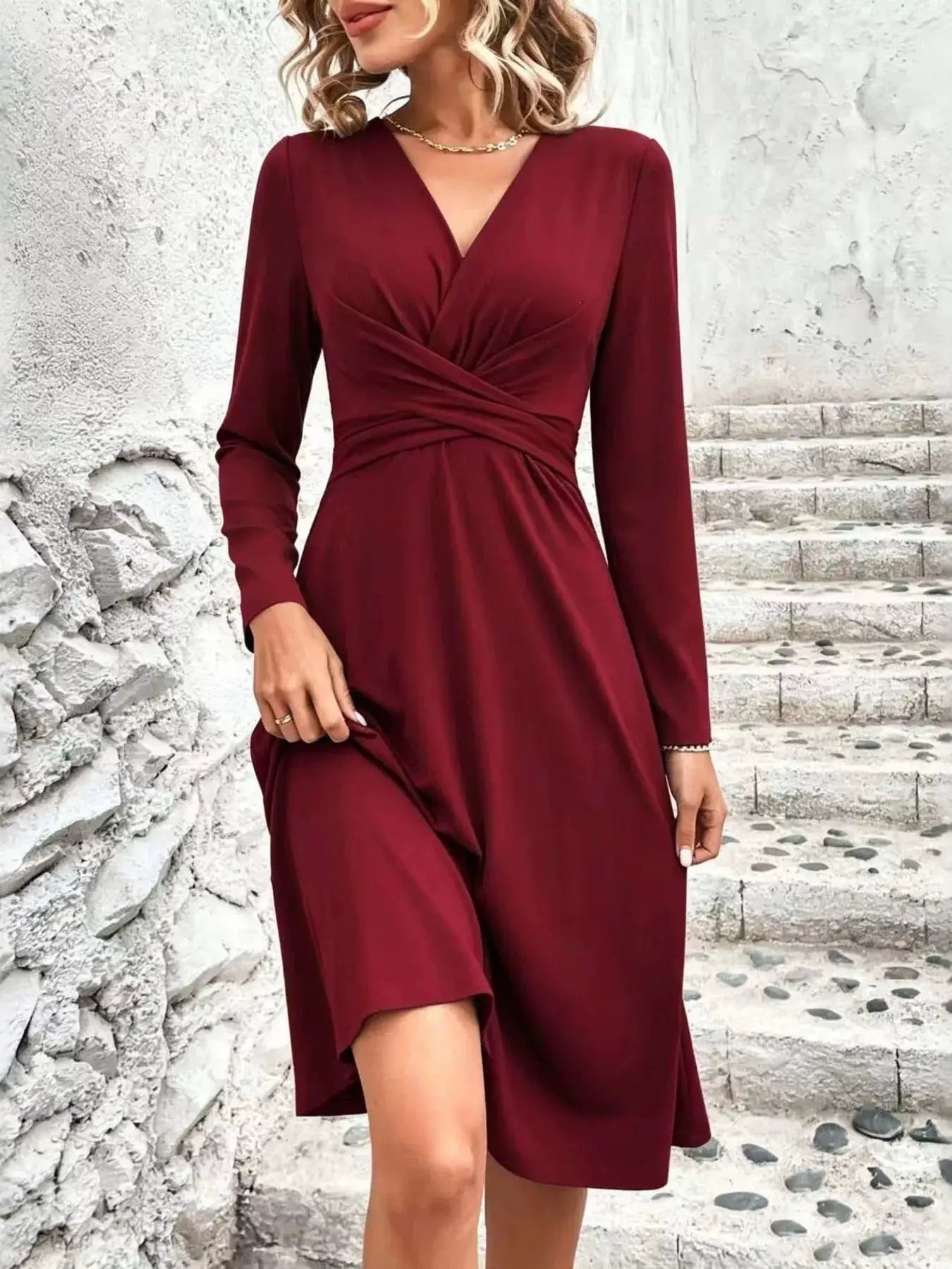 Surplice Long Sleeve Midi Dress by Trendsi
