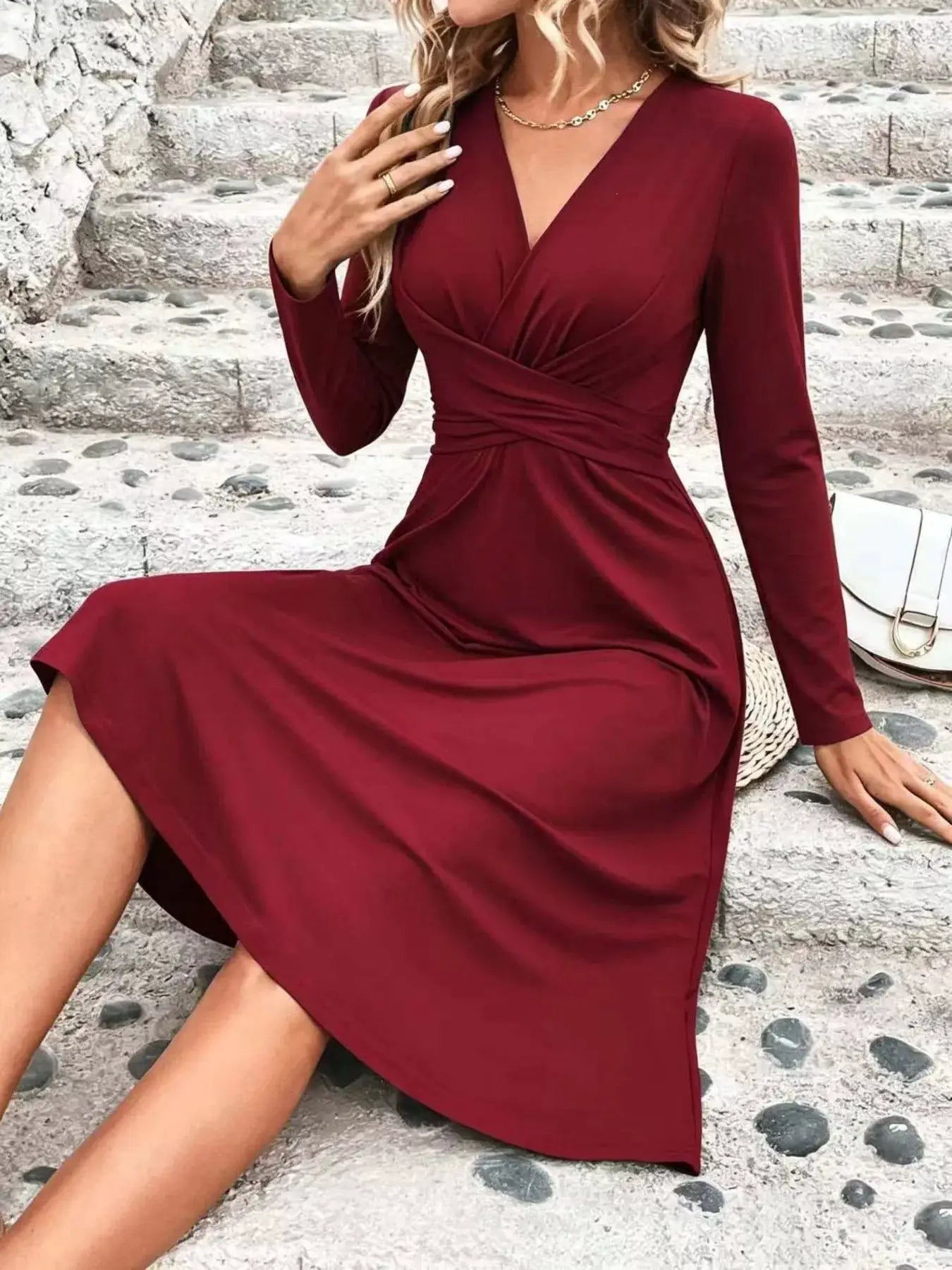Surplice Long Sleeve Midi Dress by Trendsi