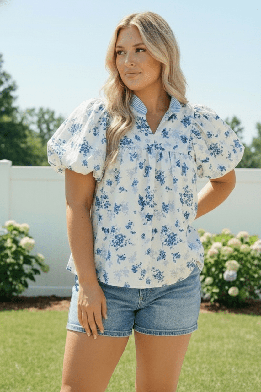 Sweet in Blue Floral Puff Sleeve Babydoll Top - Bitsy Gypsy Boutique