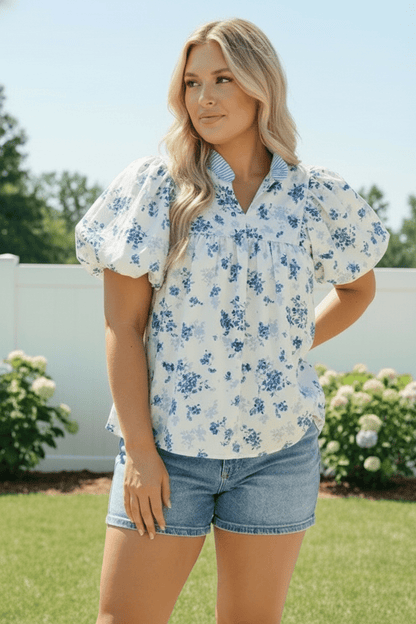 Sweet in Blue Floral Puff Sleeve Babydoll Top - Bitsy Gypsy Boutique