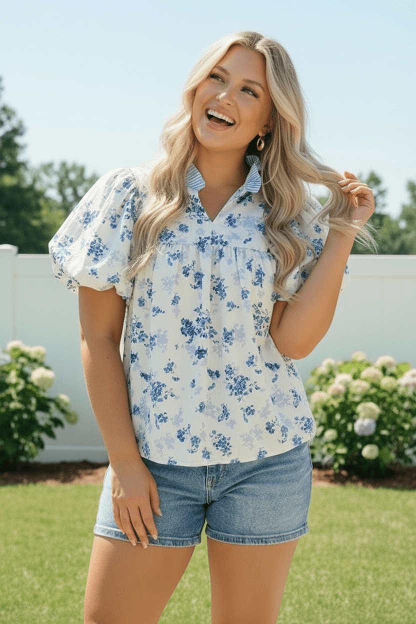 Sweet in Blue Floral Puff Sleeve Babydoll Top - Bitsy Gypsy Boutique