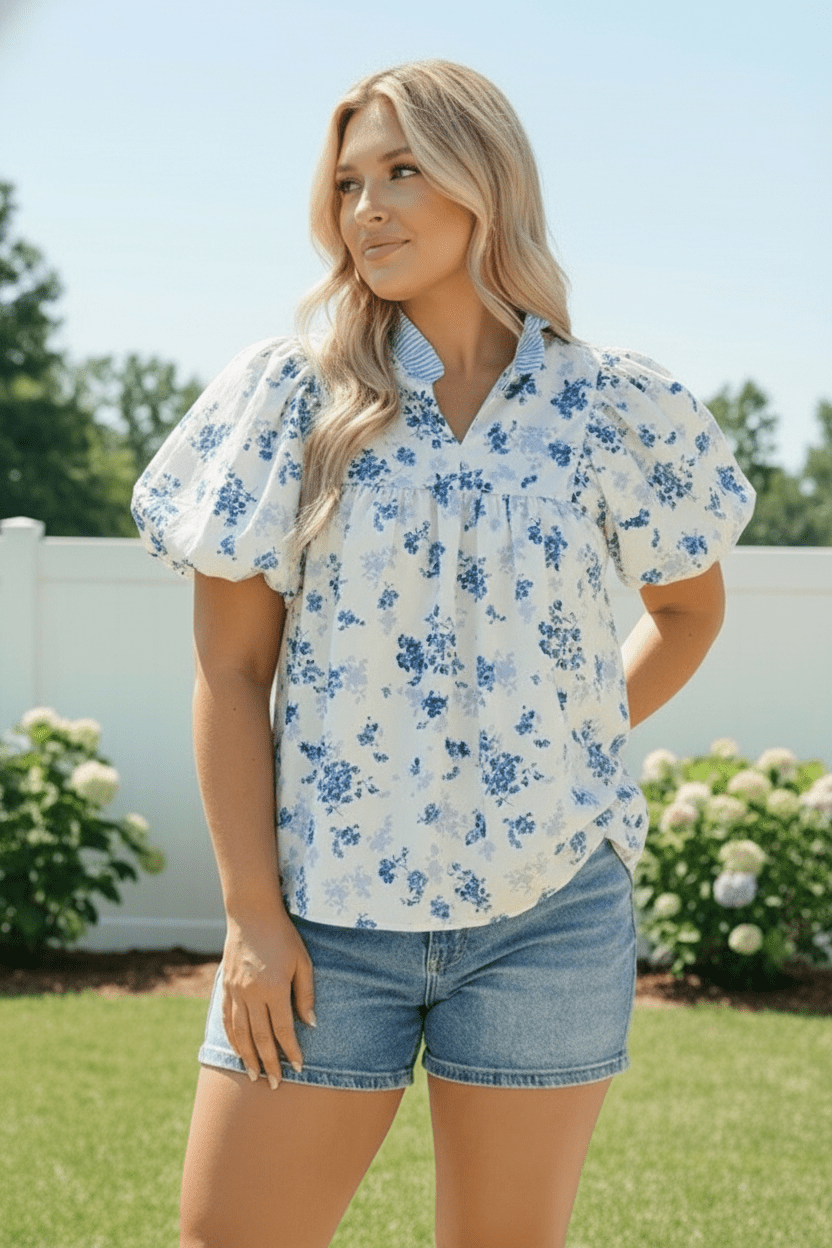 Sweet in Blue Floral Puff Sleeve Babydoll Top - Bitsy Gypsy Boutique