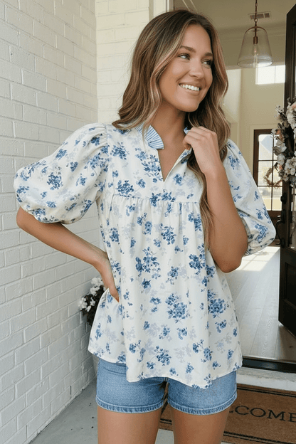 Sweet in Blue Floral Puff Sleeve Babydoll Top - Bitsy Gypsy Boutique