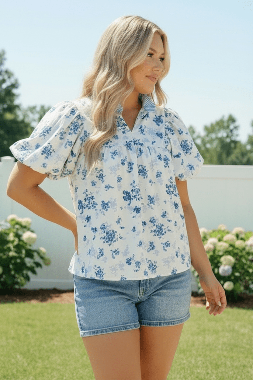 Sweet in Blue Floral Puff Sleeve Babydoll Top - Bitsy Gypsy Boutique